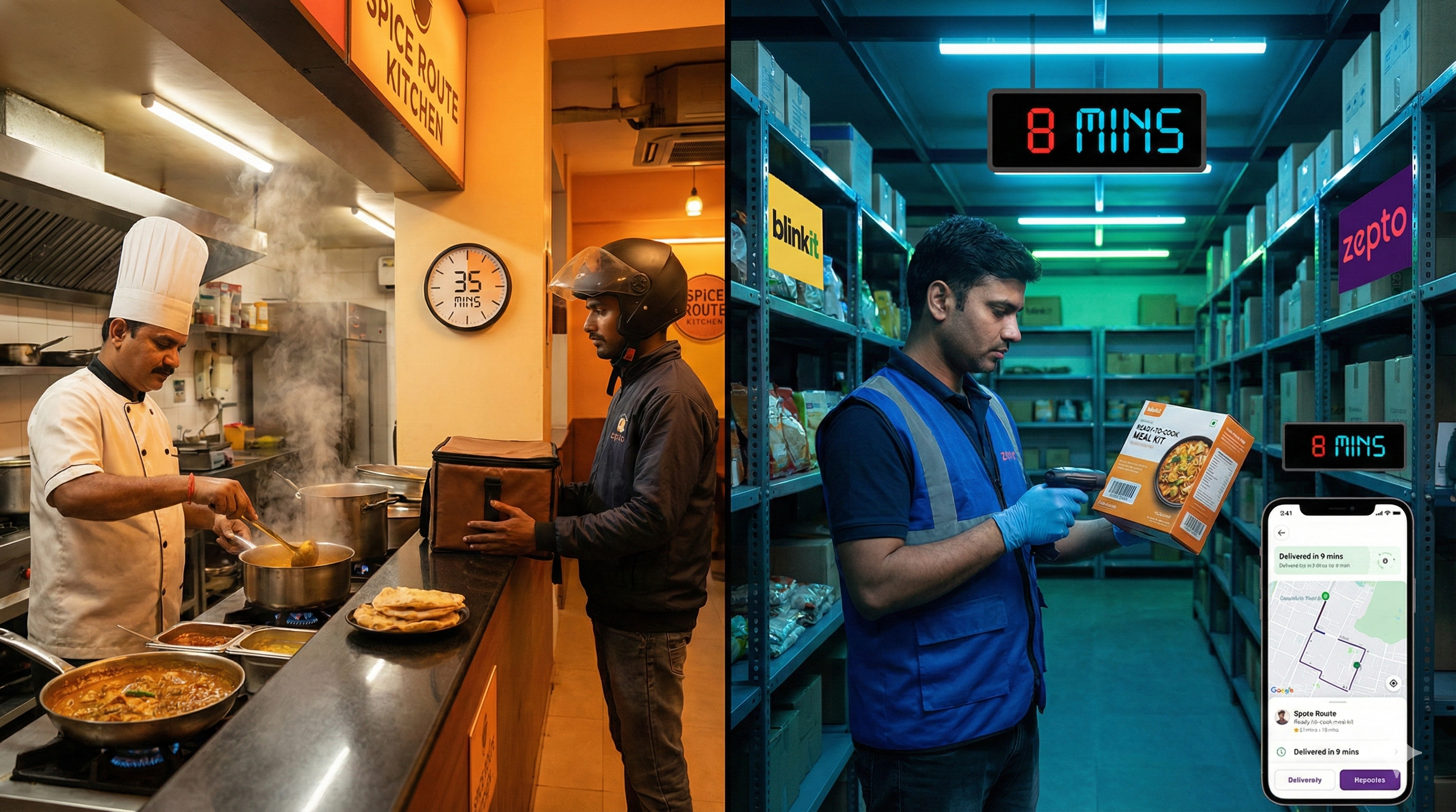 Quick commerce 10-minute delivery impact on traditional restaurant food delivery model comparison Blinkit Zepto versus restaurant