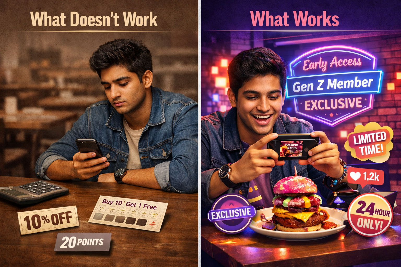 Gen Z restaurant loyalty programs comparison showing traditional punch card versus experiential exclusive access and social sharing