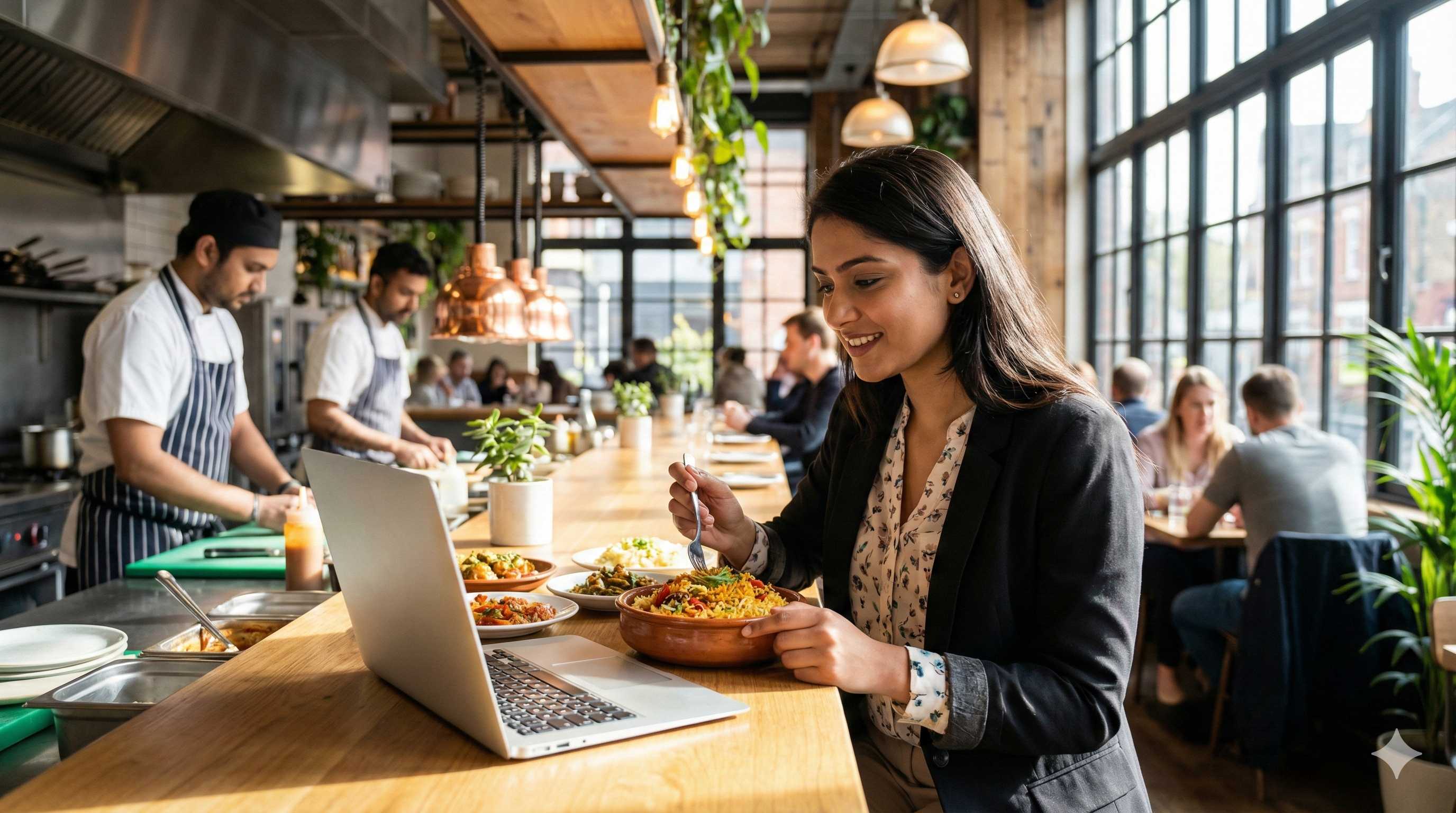 Young Indian woman dining alone at a modern restaurant counter with a laptop, representing the rise of solo dining restaurants in India