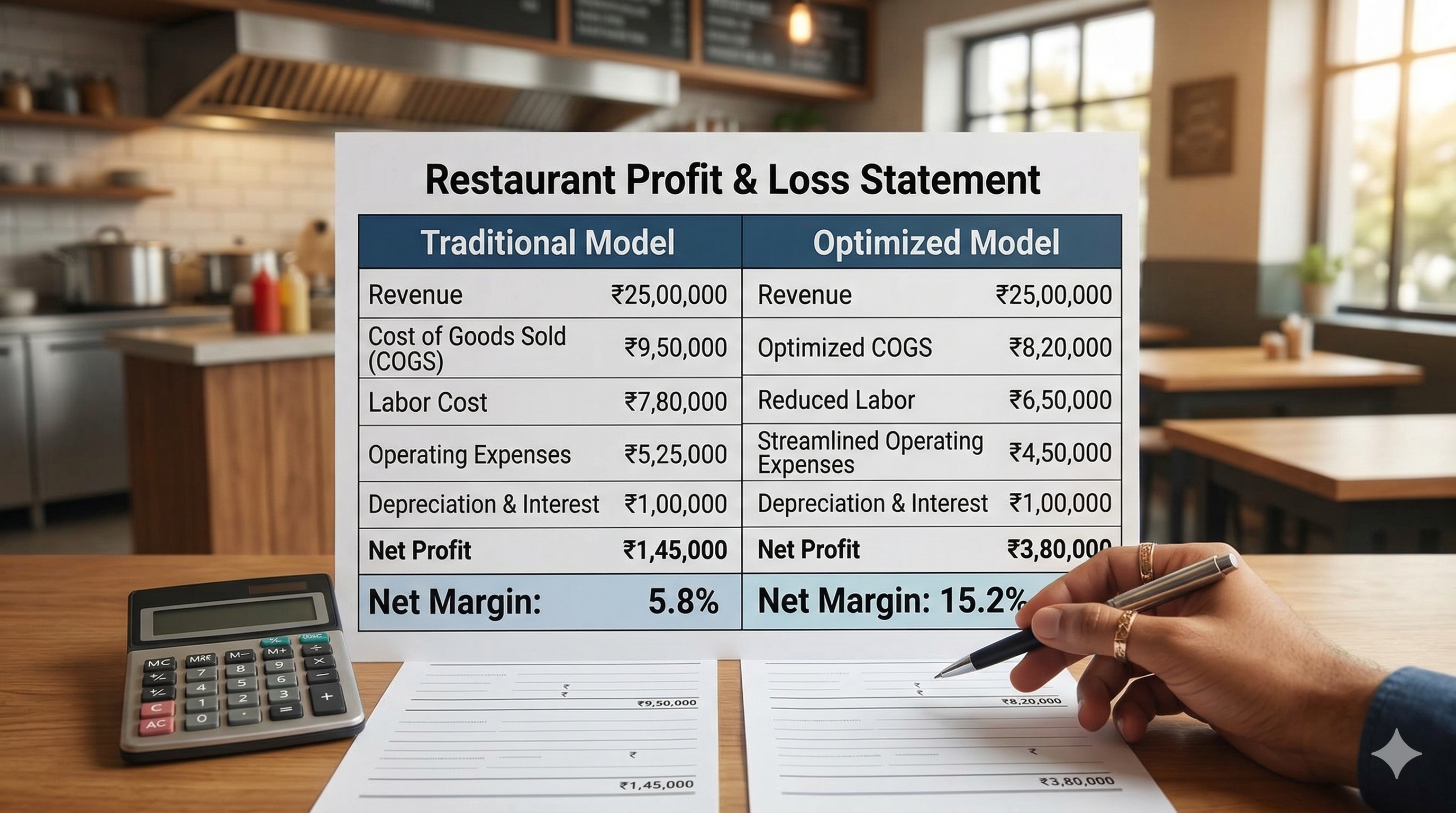 Restaurant profit and loss statement comparing 5 percent versus 15 percent net profit margins for Indian restaurants